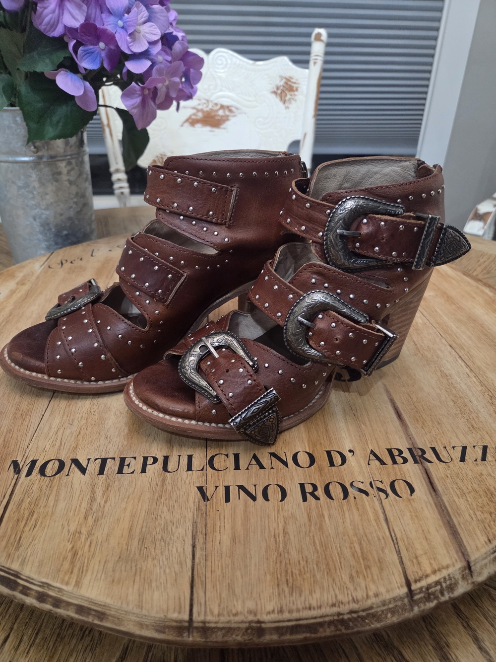 Freebird Brown Studded Buckle Heeled Sandals - Women